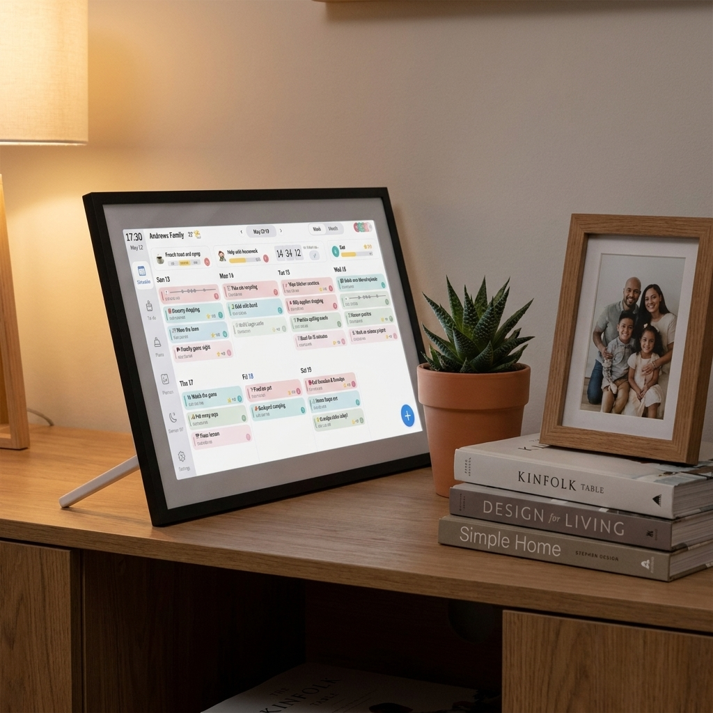 Calmo Daily on its kickstand on a console table