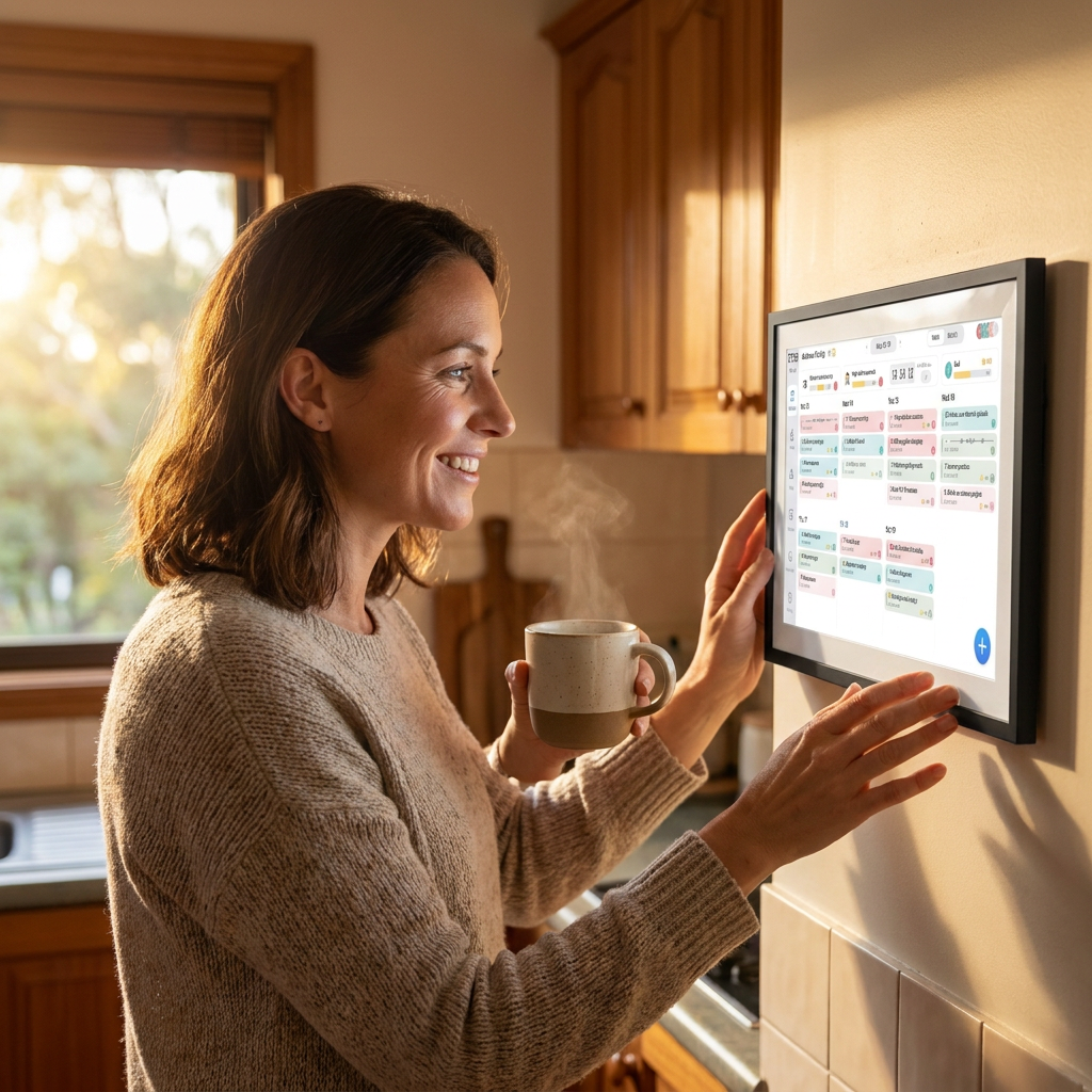 Mum checking the Calmo Daily calendar in the kitchen