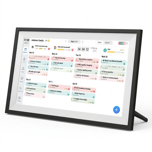 Calmo Daily 15.6 inch family calendar, black, on kickstand
